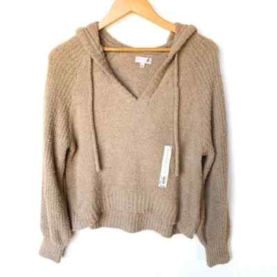 NWT SO Super Soft Tan Hooded Knit V Neck Drawstring Sweater Size Large 