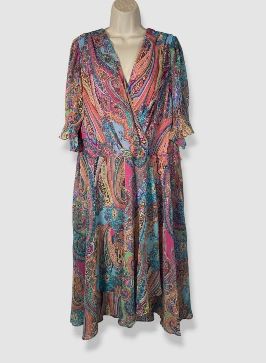 Tommy Hilfiger Women's Pink Paisley Elbow Sleeve Dress Plus Size 22W