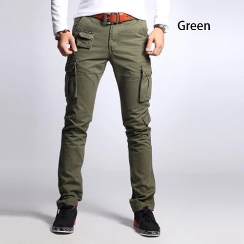 Mens Cargo Military Work Casual Pants Cotton Slim Fit Pocket Skinny Trousers