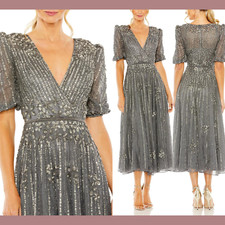 NWT $598 Mac Duggal [ 6 ] Puff Quarter Length Sleeve V Neck Dress Pewter #Q774