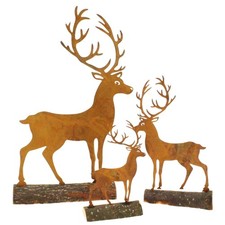 Hirsch Metall rost Holzfuß Baumstamm Aufsteller Tierfigur Skulptur Aufsteller