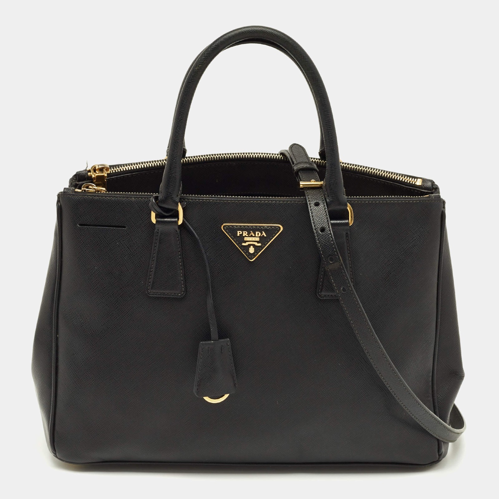 Prada Black Saffino Leather Medium Double Zip Tote