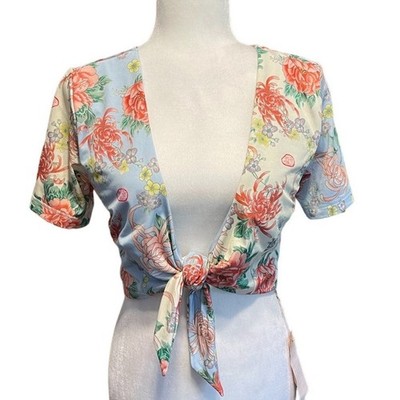 We are HAH All Tied Up Reversible Crop Top Kyoto Kimono French Blue Large NWT