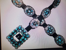 Vintage Native American Nickel Silver Repousse Stamped Turquoise Concho Belt