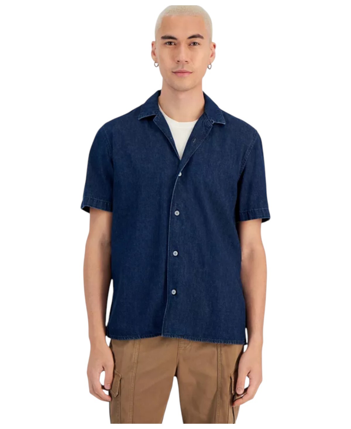 Sun Stone Mens Regular fit Short Sleeve Button-Up Shirt Large Navy Blue Solid 3290₽