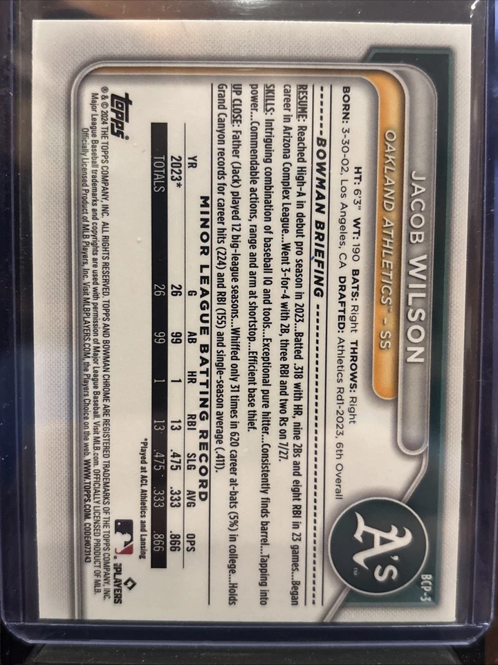 2024 Bowman Chrome Sapphire Jacob Wilson Prospect RC BCP-3 Athletics  - Image 2 of 2