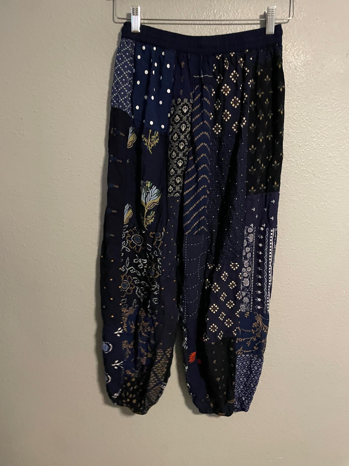 Boho Patchwork Pants Womens Medium Blue Floral Ra… - image 2
