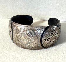 Vintage Tuareg Cuff Bracelet Tribal Silver Scroll Work Black Enamel Size 6.5