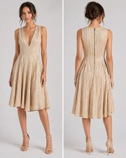 Alice + Olivia Mindee V-Neck A-line Dress in Beige Gold Size 6 Knee length