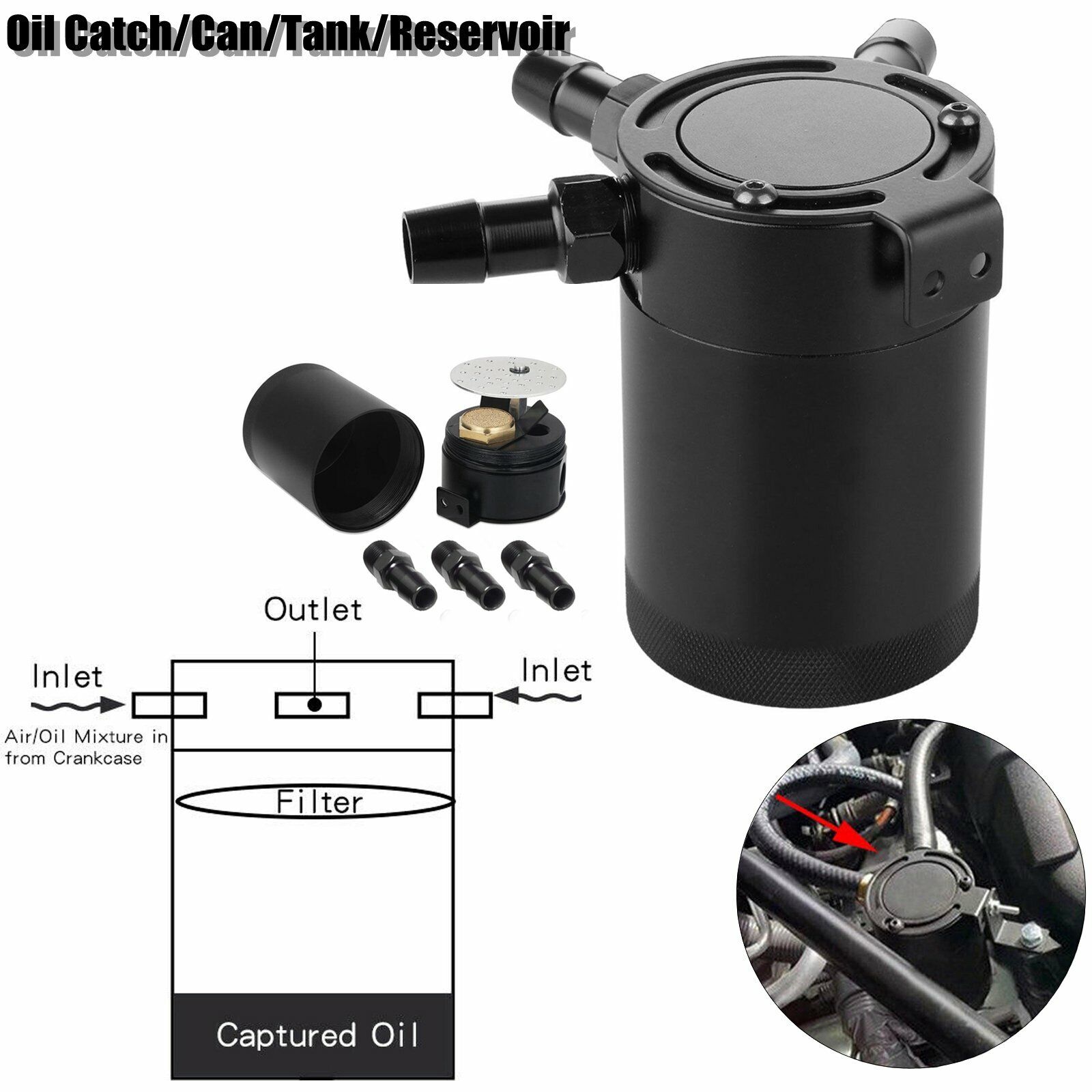 Compact Black Baffled 3-Port Oil Catch Can 2 Inlets 1 Outlet Black OIL CATCH CAN