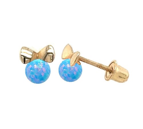 14k Yellow Gold Bow Tie Opal Stud Earrings/ Screw Back - Picture 2 of 15