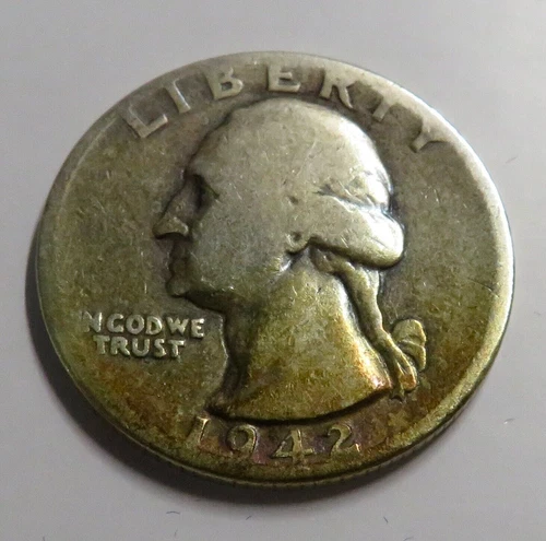 1942 Washington Quarter Dollar Rainbow Toned Album Coin Orange & Yellow #58