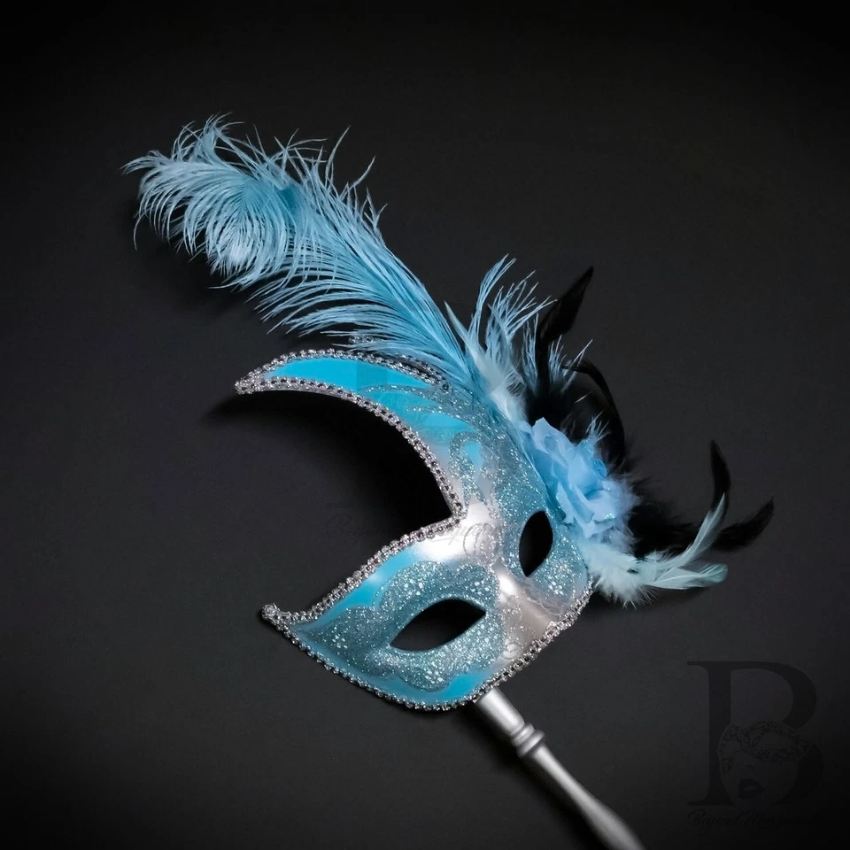 Holding Stick Party Mask | Feather Masquerade Mask Silver Mint Blue M6131 - Image 4 of 4