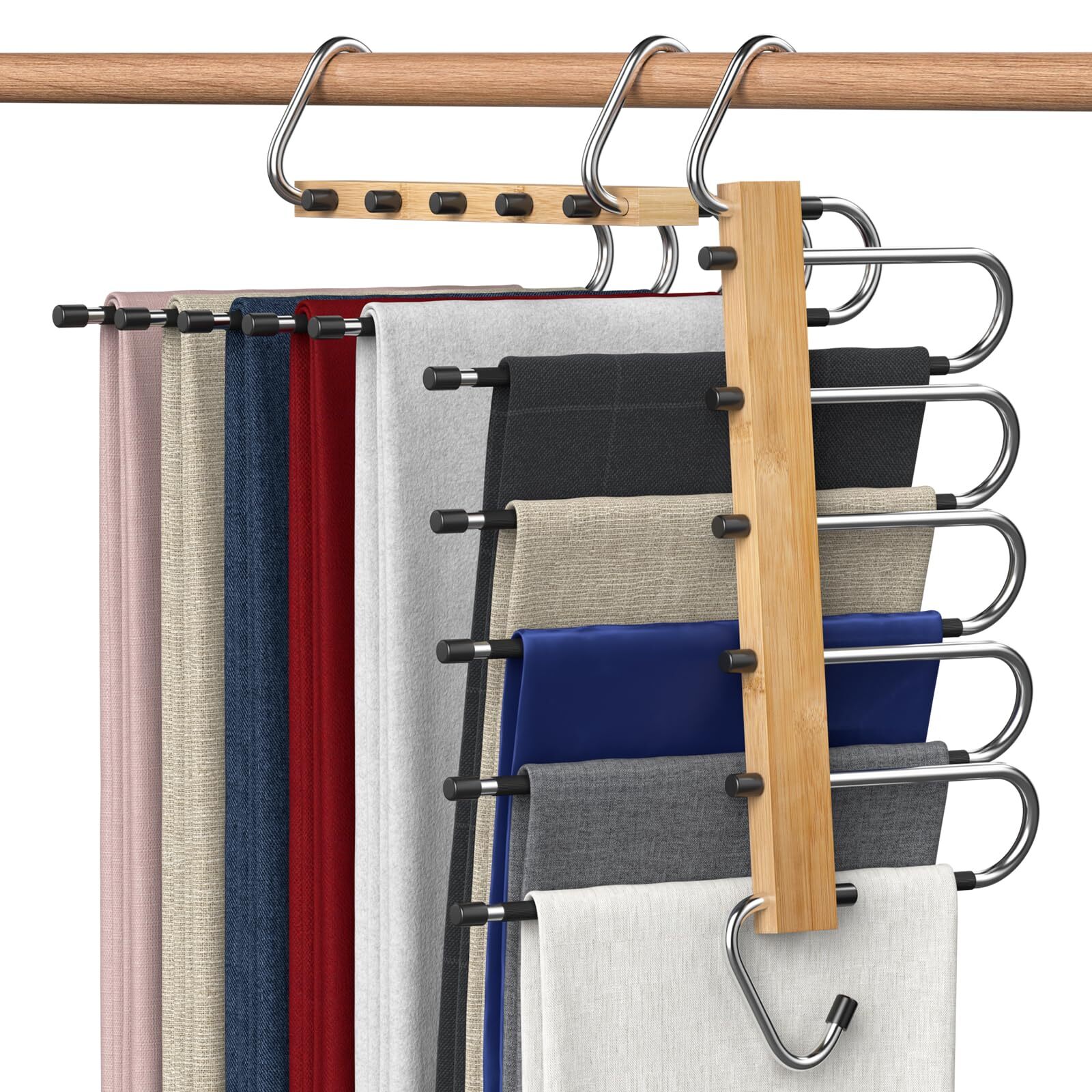 Bamboo Space-Saving Pants Hangers 2-Pack - Closet Organizer for Trousers & Jeans
