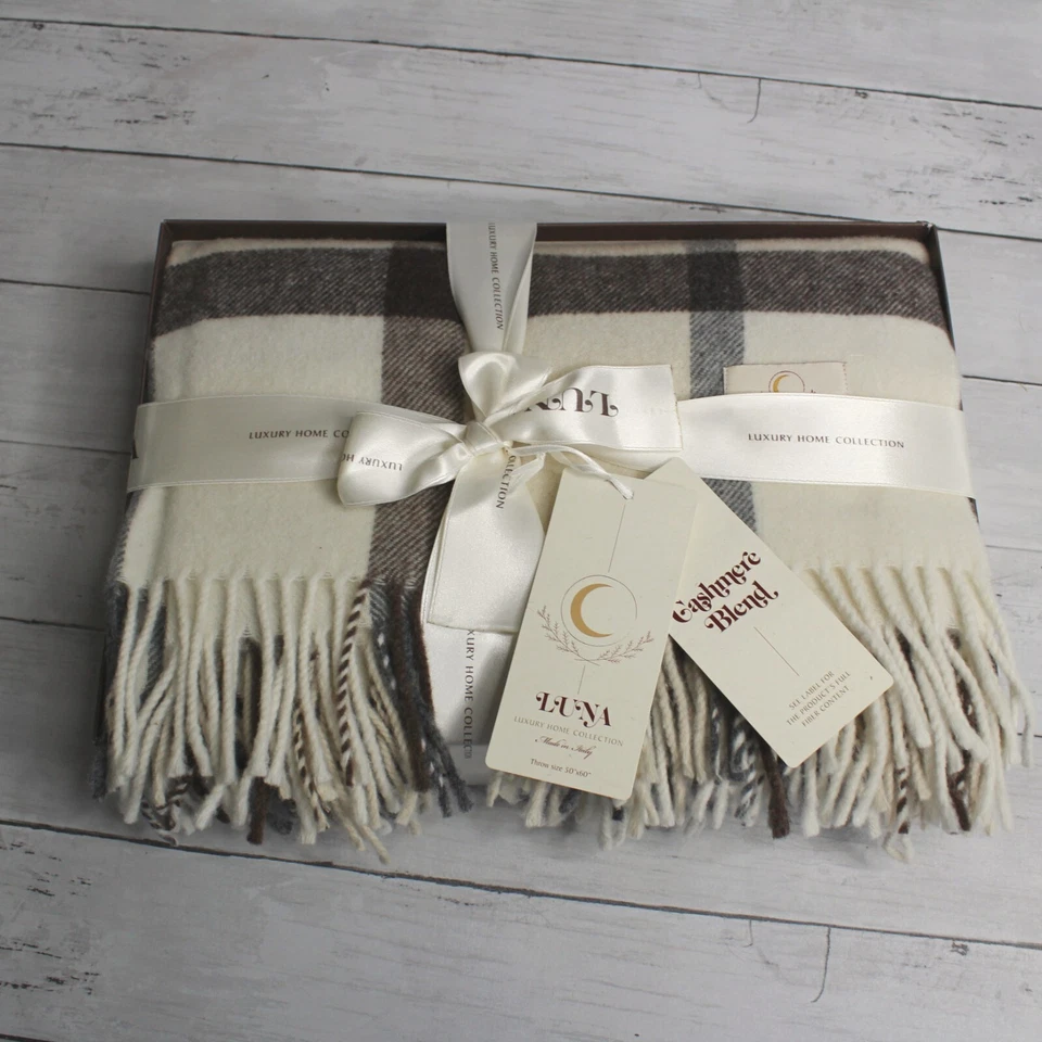 Manta Luna Cashmere Lana a Cuadros Hecha en Italia Crema Marrón Beige Gris Foto 2 de 4