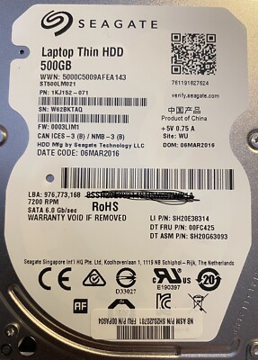 2x Seagate Laptop Thin HDD 500GB 7200RPM PN:1KJ152-073