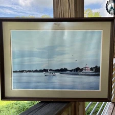 Joe Wilhelm 1977 Water & Boats Signed Framed Under Glass Print 23” X 17”