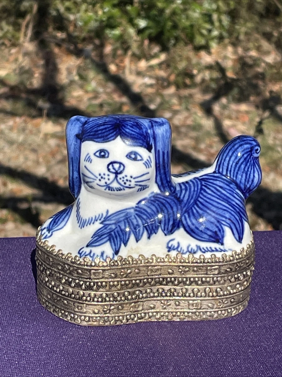 Vintage Blue Willow FOO DOG Chinese Porcelain Silver Trinket Box