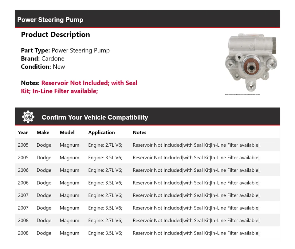 Bomba de dirección asistida Cardone 2006 2007 para Dodge Magnum 2005-2008 Foto 2 de 4