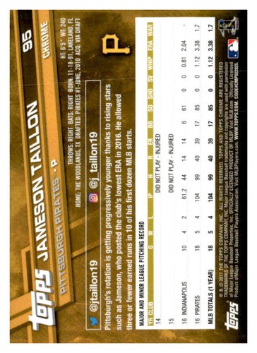 2017 Topps Chrome #323 Jameson Taillon - FREE SHIPPING - Picture 2 of 2