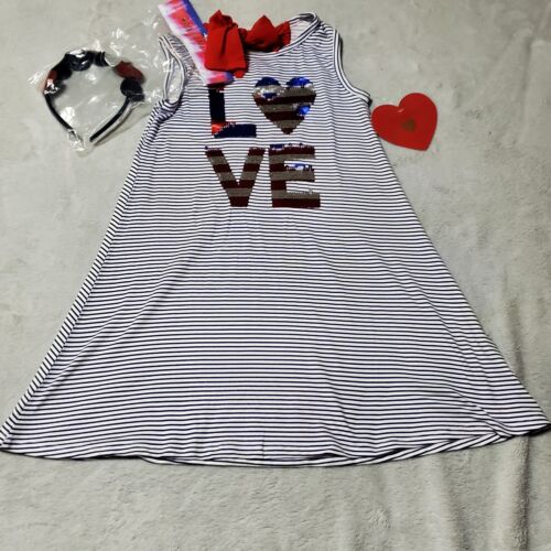 b tween girls Size 5 NWT Dress Sleeveless Red White Blue Sequins Bow Headband
