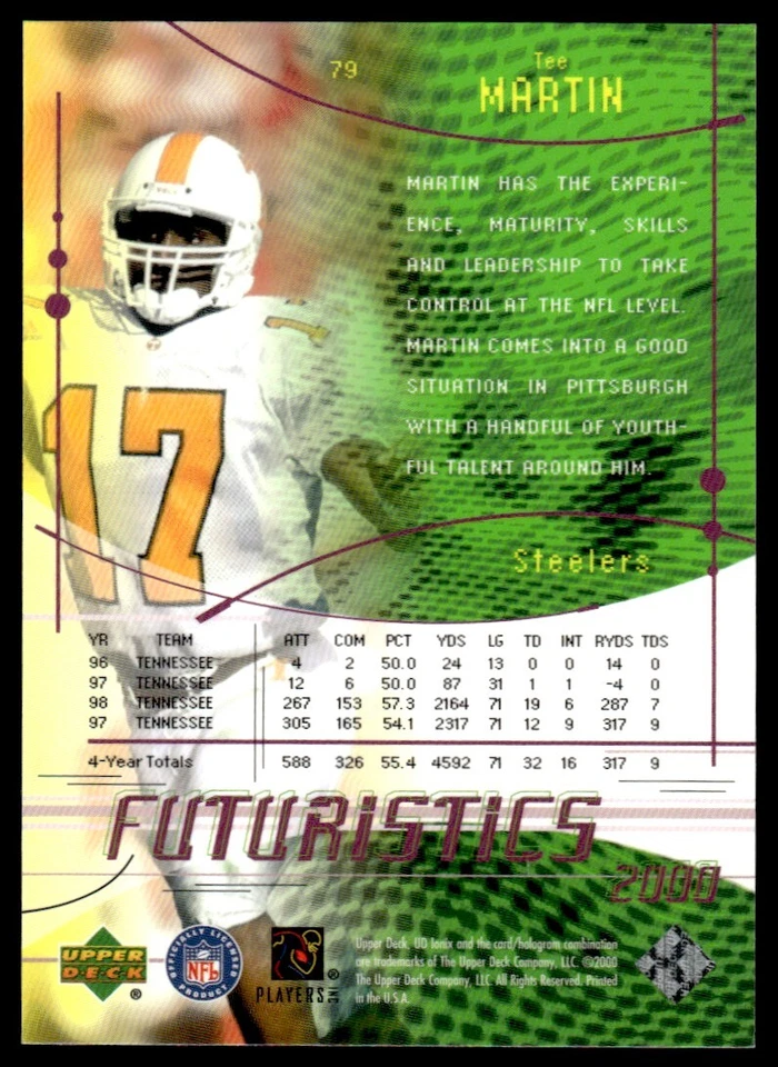 2000 UD Ionix Tee Martin Rookie 0481/2000 Pittsburgh Steelers #79 - Image 2 of 2