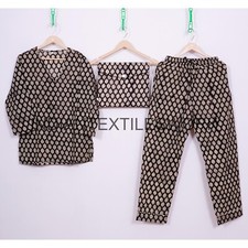 Indian Hand Block Print Cotton Pajama Set V-Neck Women Night Wear Dress Gifted