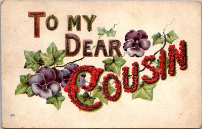 Postcard greetings To My Dear Cousin glitter purple flowers