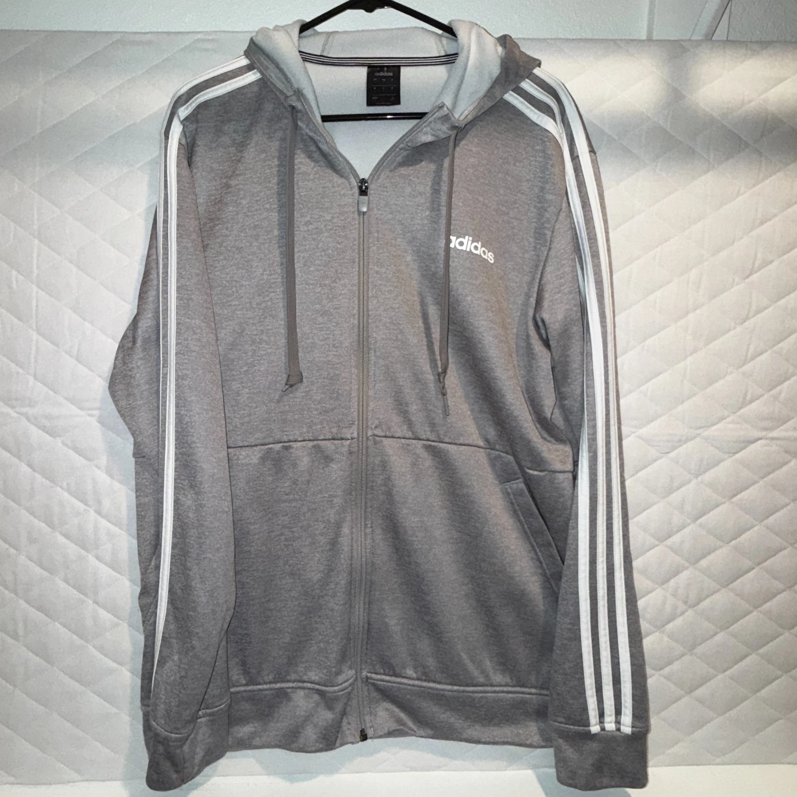 Adidas Climawarm Hoodie Mens Large Gray Full Zip 3 Stripe Jacket Athletic