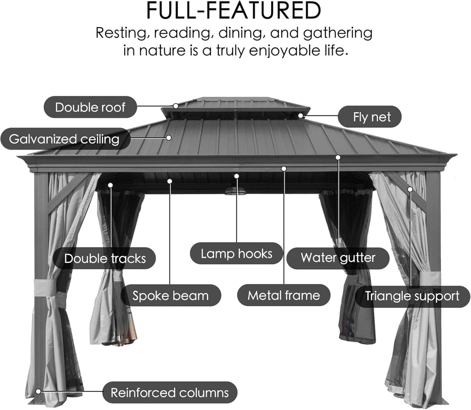 12' x 16' Hardtop Gazebo Vented Double Roof Heavy Duty w/Nettings Curtains - Image 3 of 4