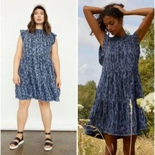 ANTHROPOLOGIE Jenee Tiered Tunic Dress Printed Chambray Sz M {RR26}