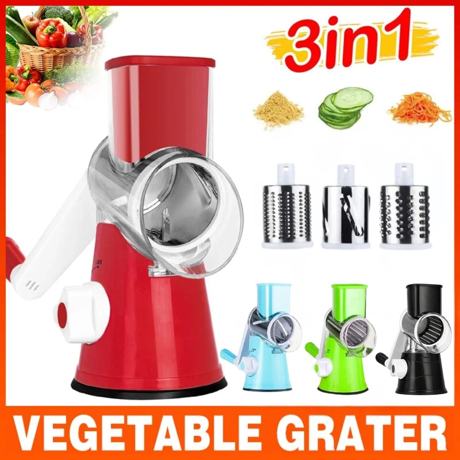 Kitchen Vegetable Fruit Slicer Cut Shredder Food Manual Rotary Grater Chopper
Opens in a new window