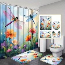 Sky Flower Dragonfly Shower Curtain Bathroom Rug Bath Mat Toilet Lid Cover Decor