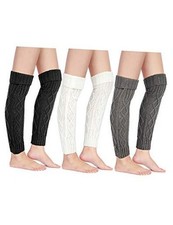 3 Pairs Leg Warmers for Women Winter Knit Warmer Cable White, Light Gray, Black