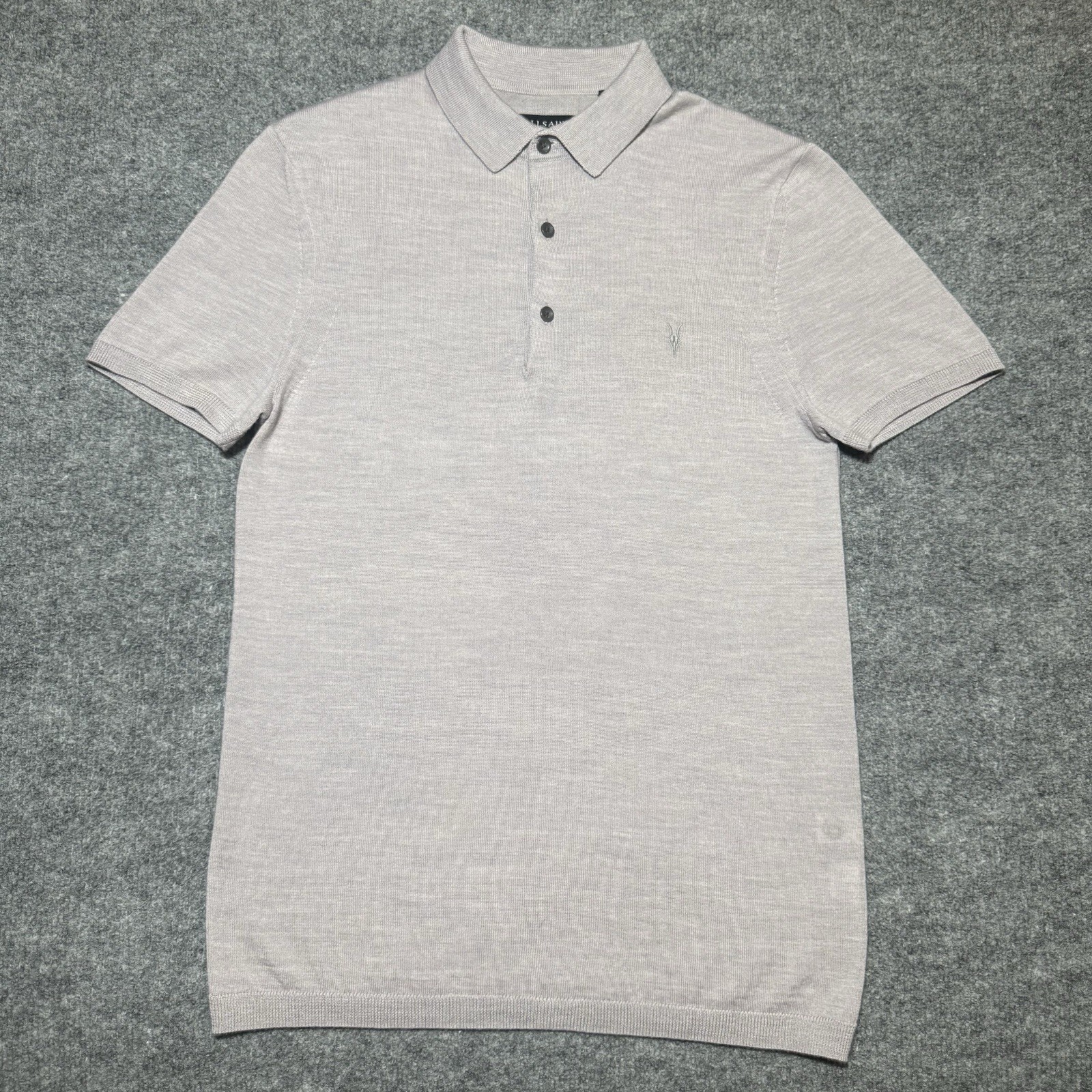 Allsaints Polo Shirt Mens X-Small Lavender Knit 100% Merino Wool Short Sleeve