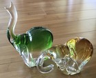 Hand Blown Crafted Crystal Clear Glass Art Emerald Green & Yellow Elephant Pair — photo 2