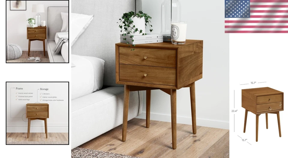 Elegante mesita de noche Mid-Century de 2 cajones con detalles de latón - Diseño que ahorra espacio Foto 2 de 4