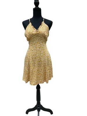 Zaful Yellow Floral Mini Dress Open Back Tie Strappy Ruffle Size M US 6 NWT  | eBay
