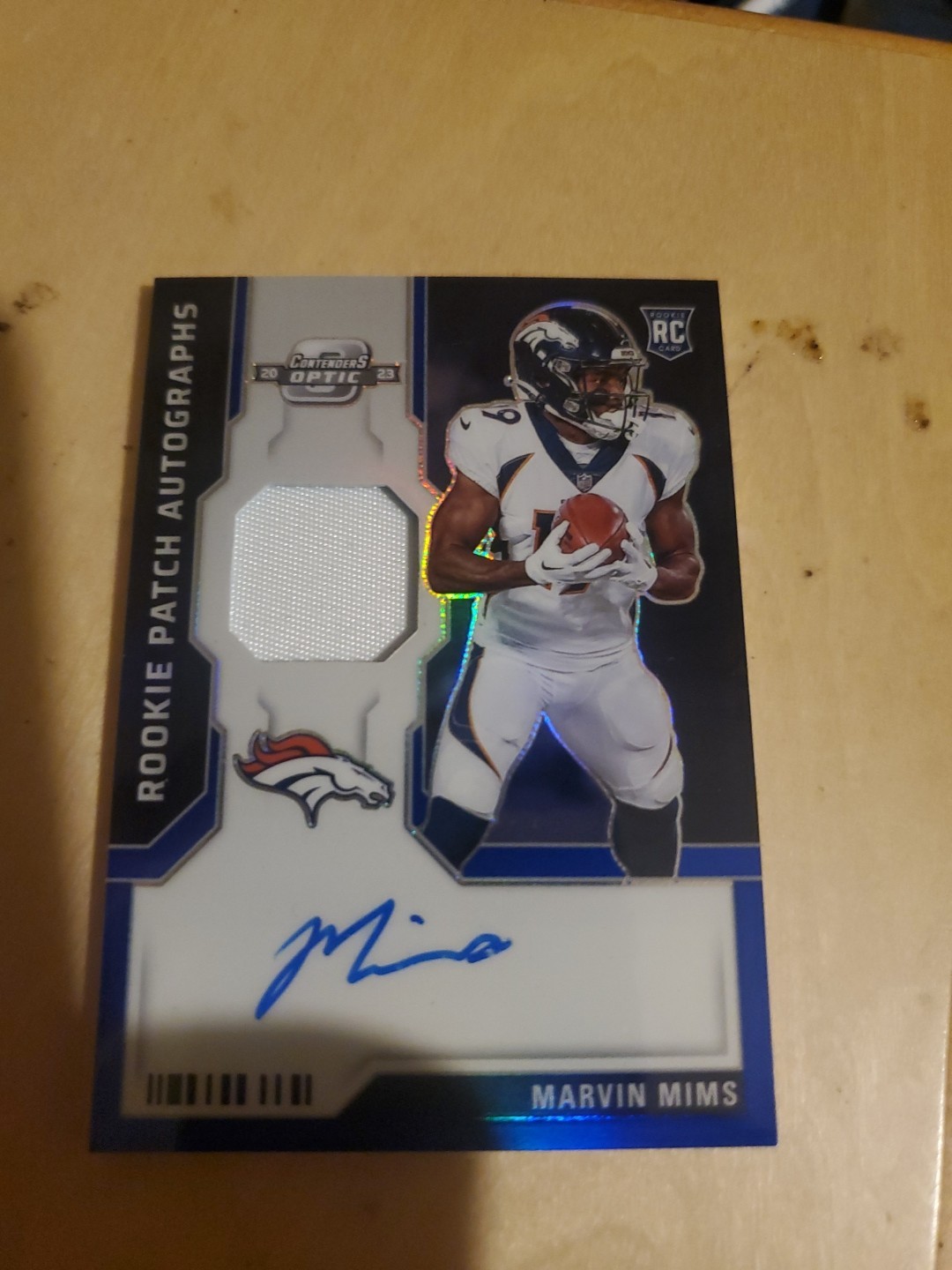 Marvin Mims 2023 Panini Contenders Optic Blue Prizm RPA RC Jersey Patch Auto /50