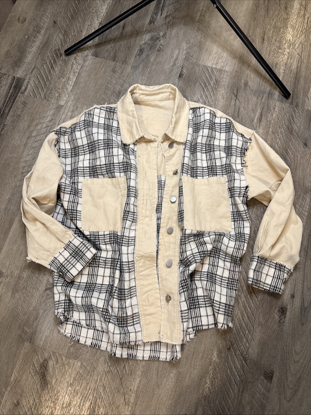 Distressed Raw Edge Plaid Patchwork Denim Jacket … - image 1