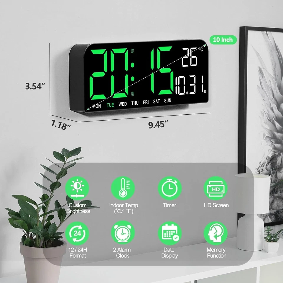 Reloj de Pared Digital LED de 10 Pulgadas Temperatura Fecha Semana Pantalla Mesa Doble Alarma EE. UU. Foto 4 de 4