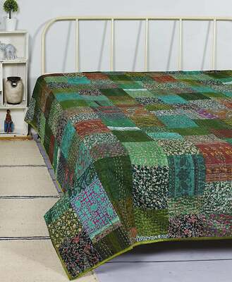 Handmade Vintage Green Patchwork Silk Blanket Twin Kantha Quilts