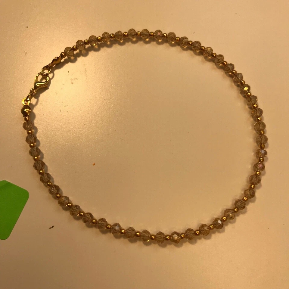 Handmade Ankle Bracelet 10.25" Champagne Yellow Faceted Glass Roundels Beaded - Image 2 of 3