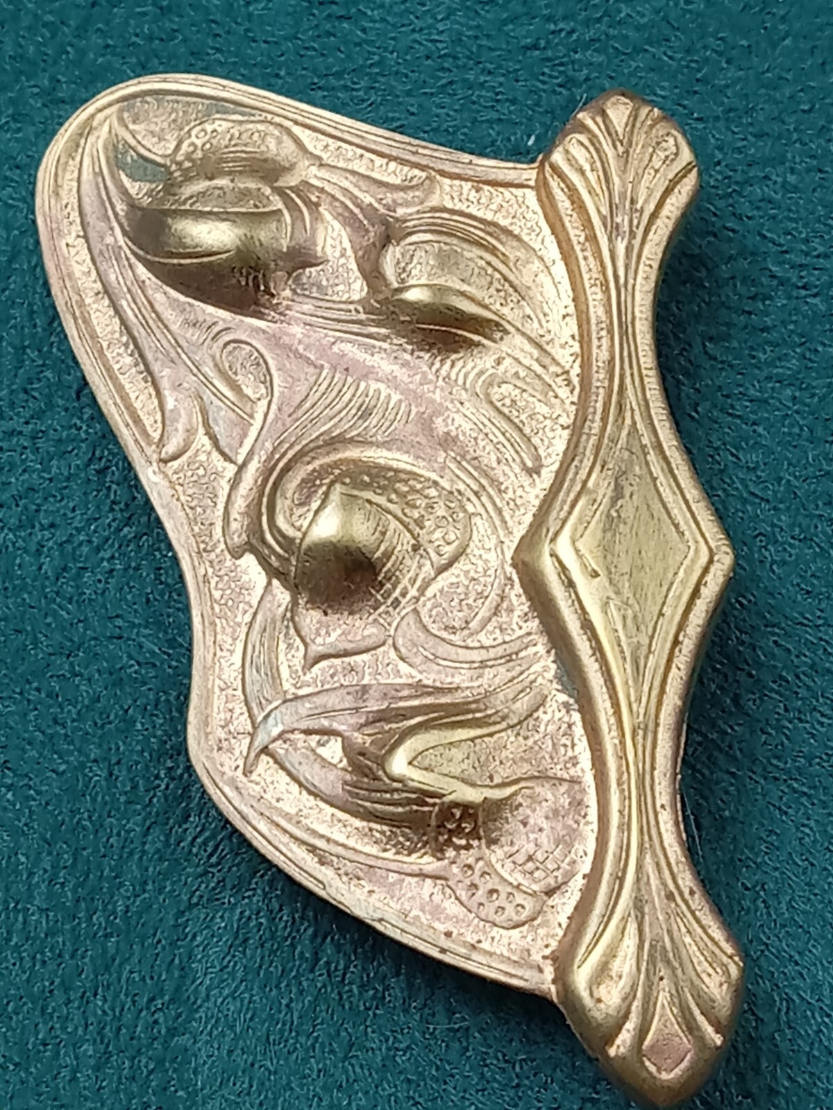 Rare Arts & Crafts Clip Buckle in Brass:  2.25" tall x 2.25" wide raised design