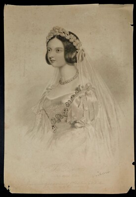Queen Victoria in Her Bridal Dress, 1840 Engraving by William Henry Mote 