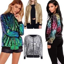 Ladies Glitter Bomber Jacket Women Biker Festival Clubbing Party Club Top