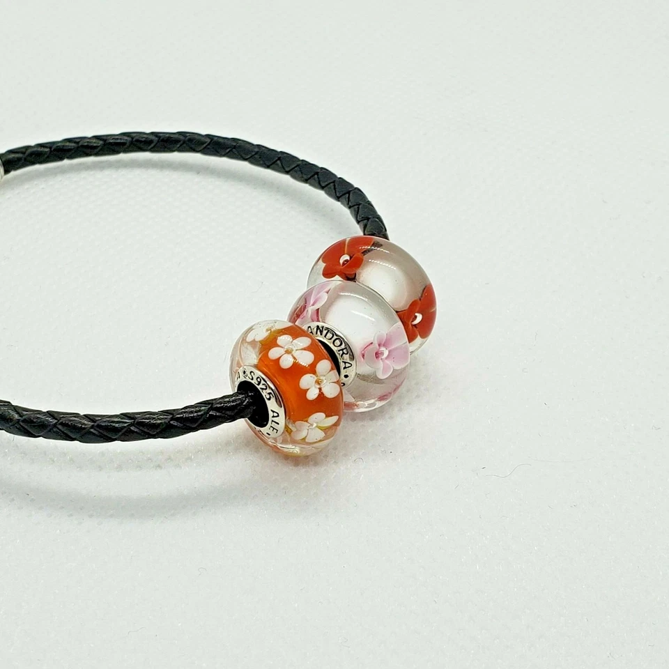 Juego de 3 Nuevos Pandora Flor Rosa Cerezo, Naranja Flor Tropical, Flor Salvaje Foto 2 de 4