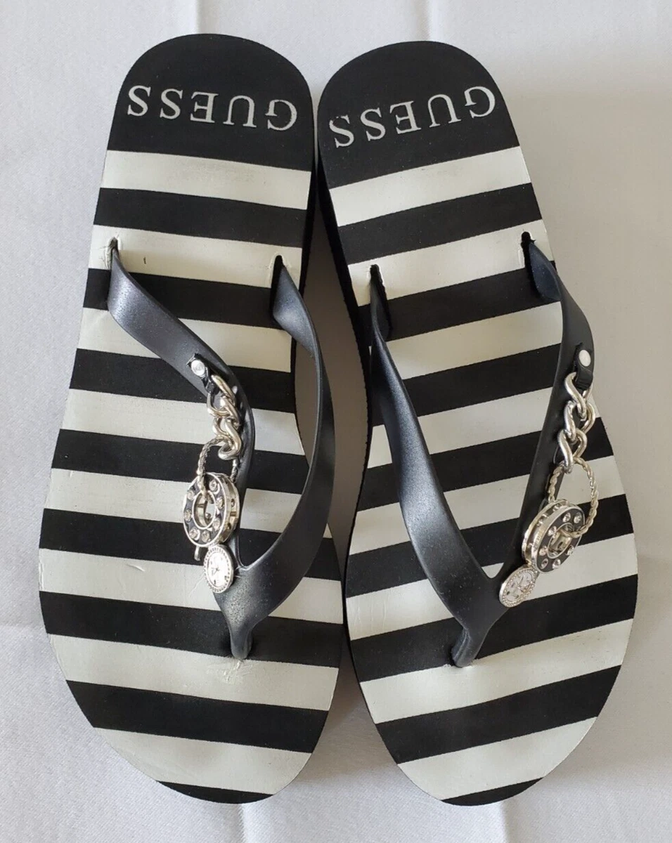 Guess Edgy Black White Stripe Nautical Platform Beach Sandals Size
