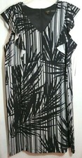ILE Stretch Black and White Ruffle Front Leaf Pattern Sleeveless Dress 18 NWT