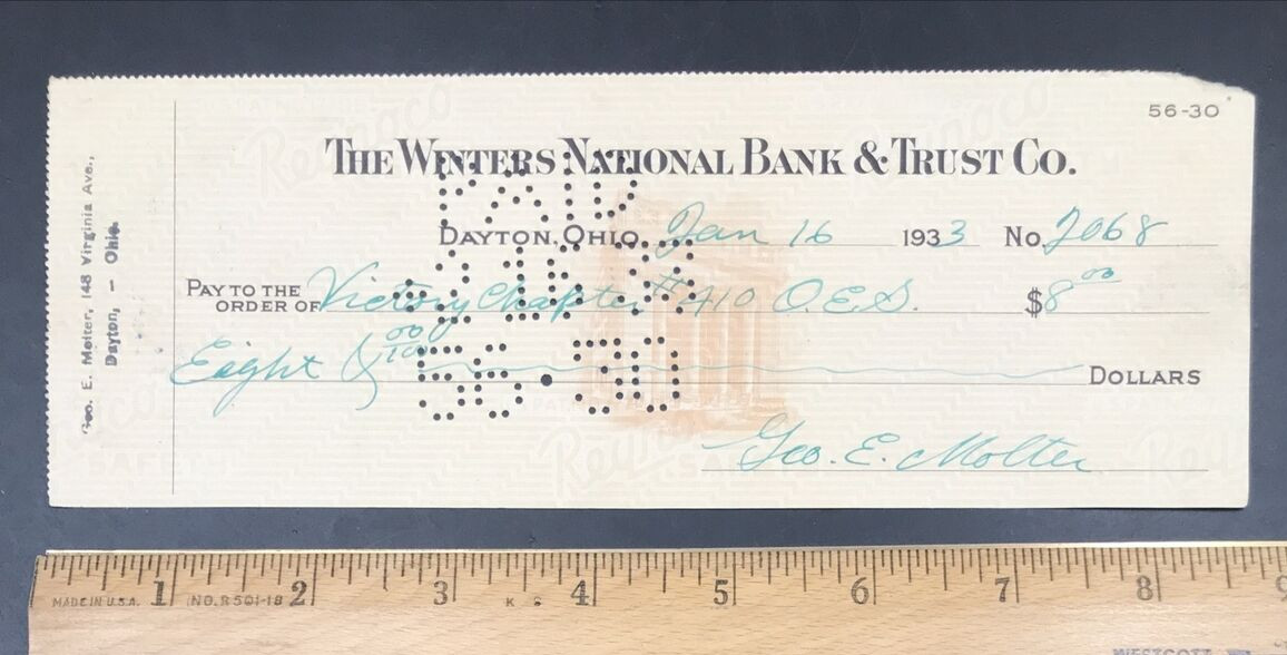 Vintage 1933 Winters National Bank & Trust Dayton OH Ohio Cancelled Check